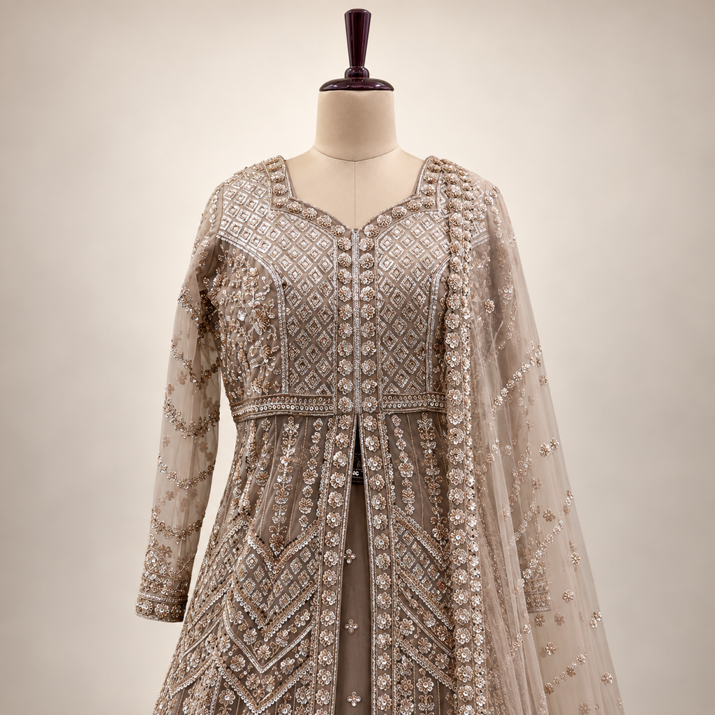 Beige Embroidered Front-Cut Gown with Sheer Dupatta