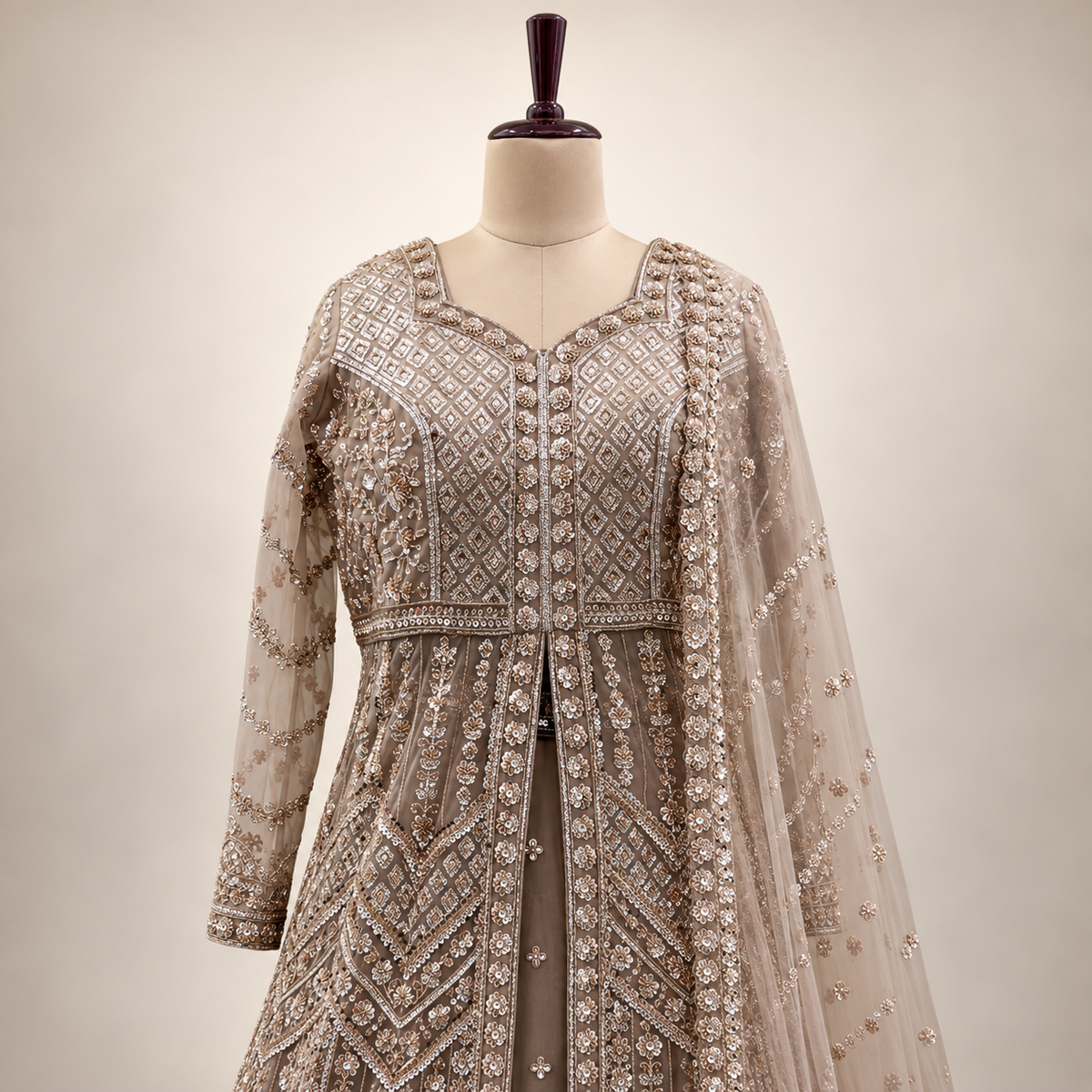 Beige Embroidered Front-Cut Gown with Sheer Dupatta