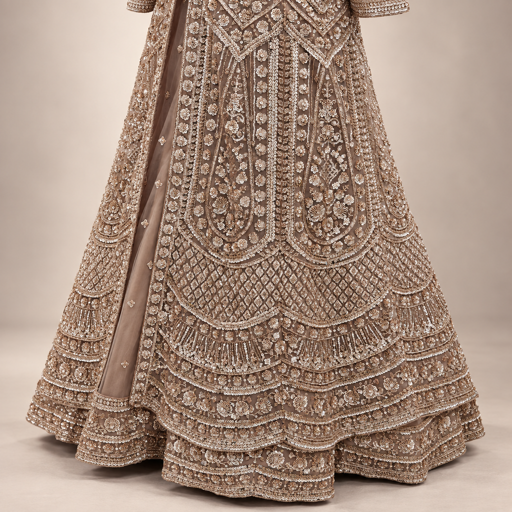 Beige Embroidered Front-Cut Gown with Sheer Dupatta