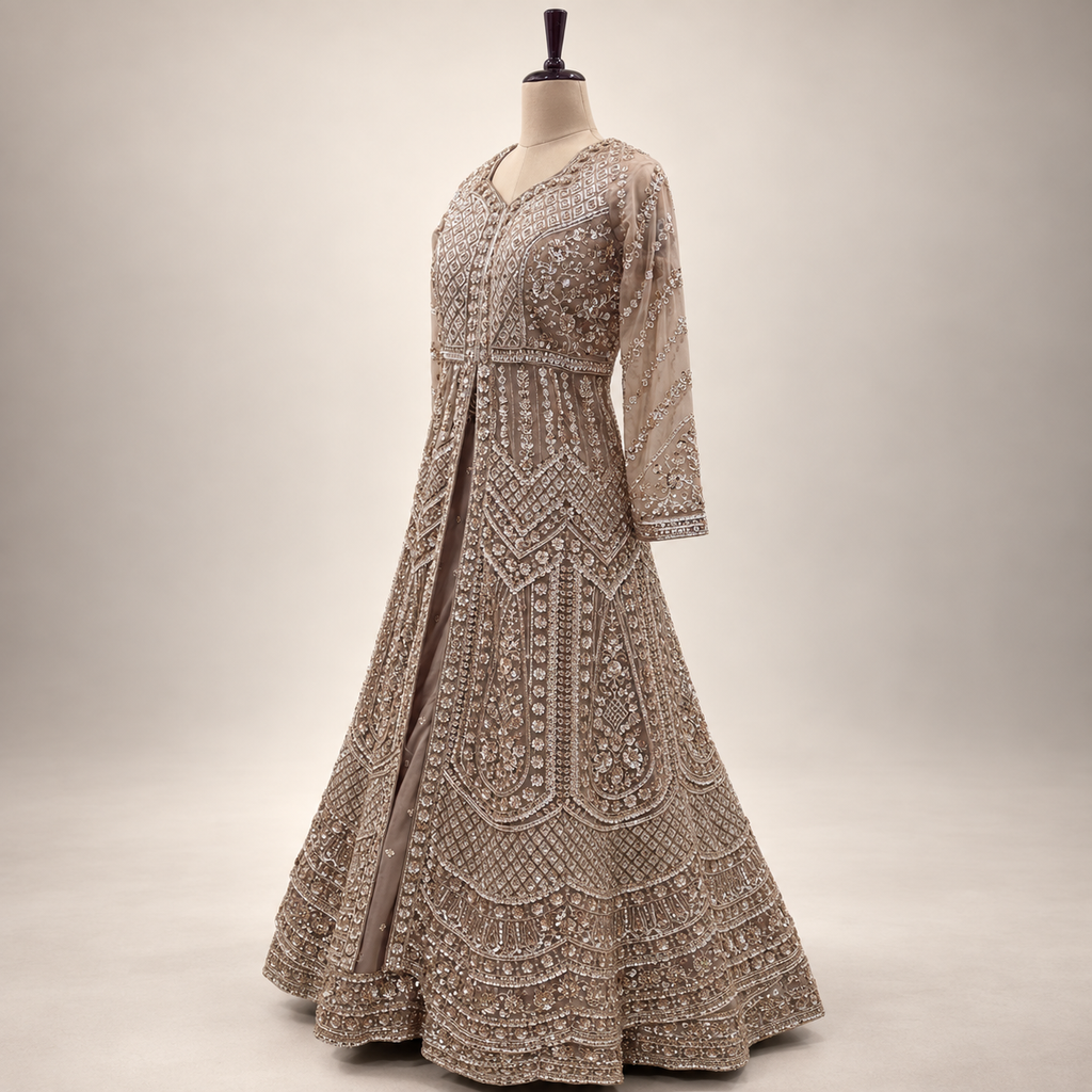 Beige Embroidered Front-Cut Gown with Sheer Dupatta
