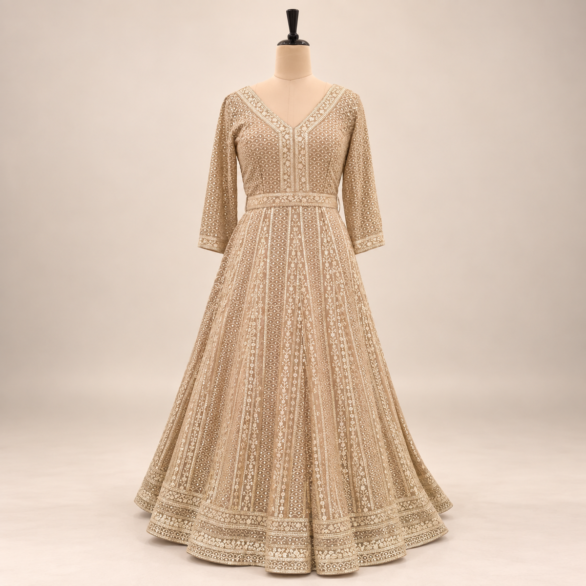 Mocha Embroidered  Gown with Sheer Dupatta