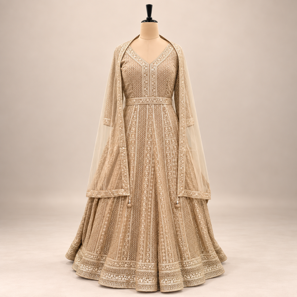 Mocha Embroidered  Gown with Sheer Dupatta