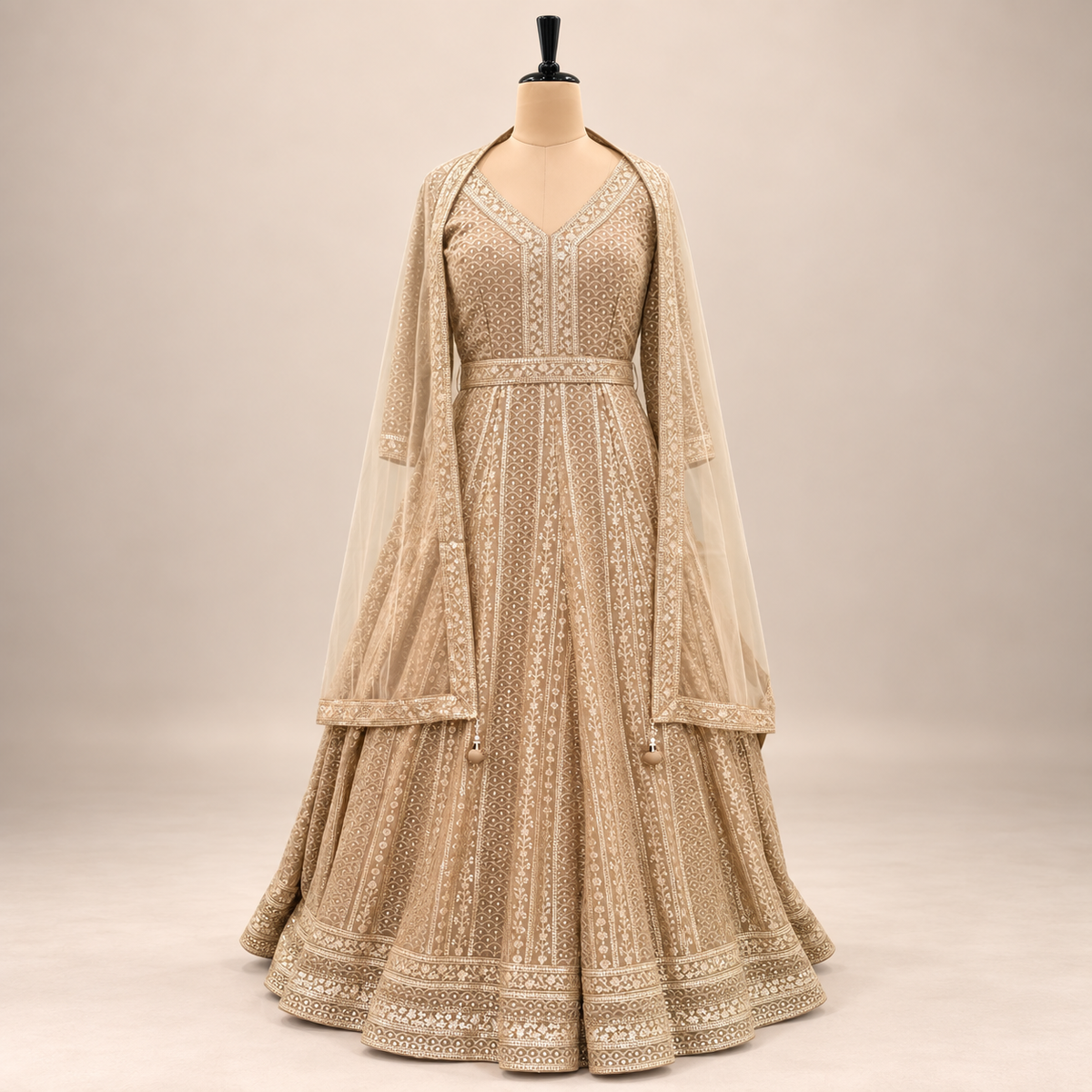 Mocha Embroidered  Gown with Sheer Dupatta