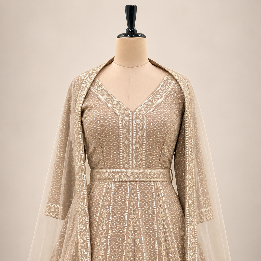 Mocha Embroidered  Gown with Sheer Dupatta