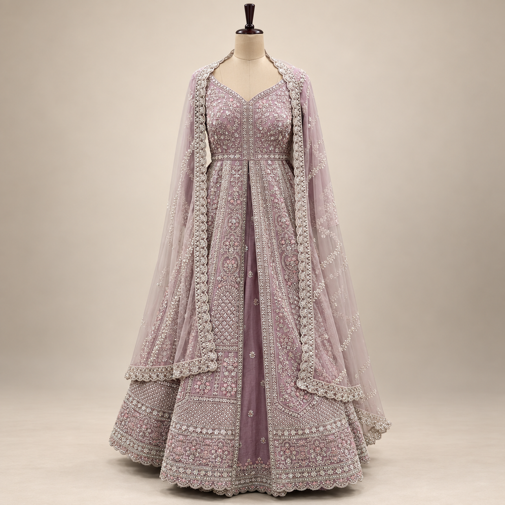 Onion Pink Embroidered Silk Front-Cut Gown with Dupatta