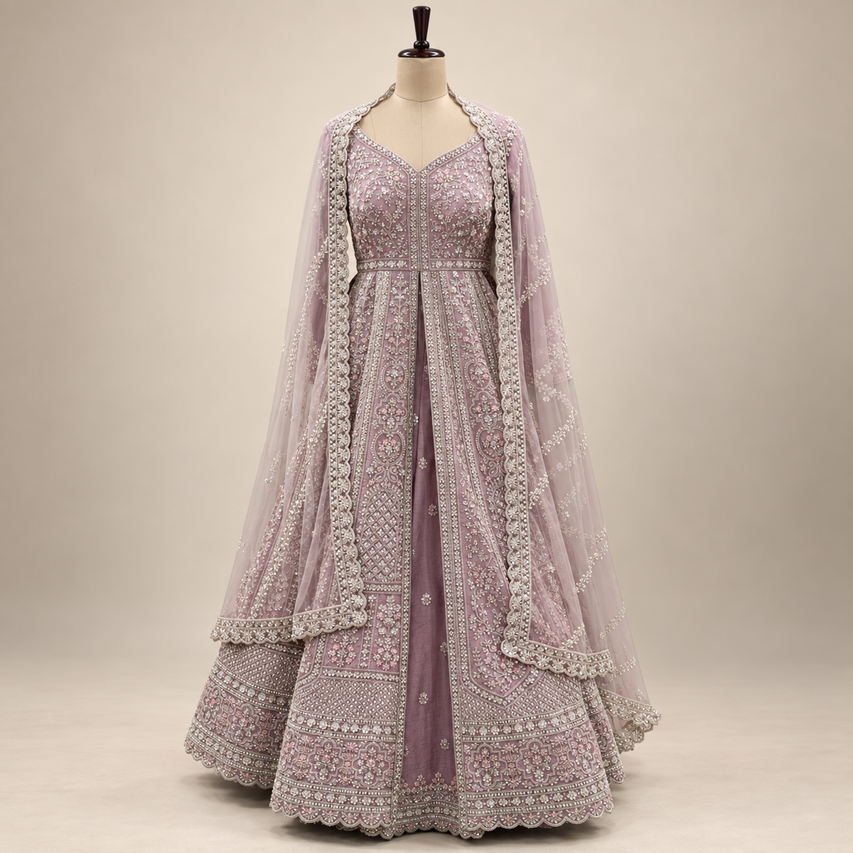 Onion Pink Embroidered Silk Front-Cut Gown with Dupatta