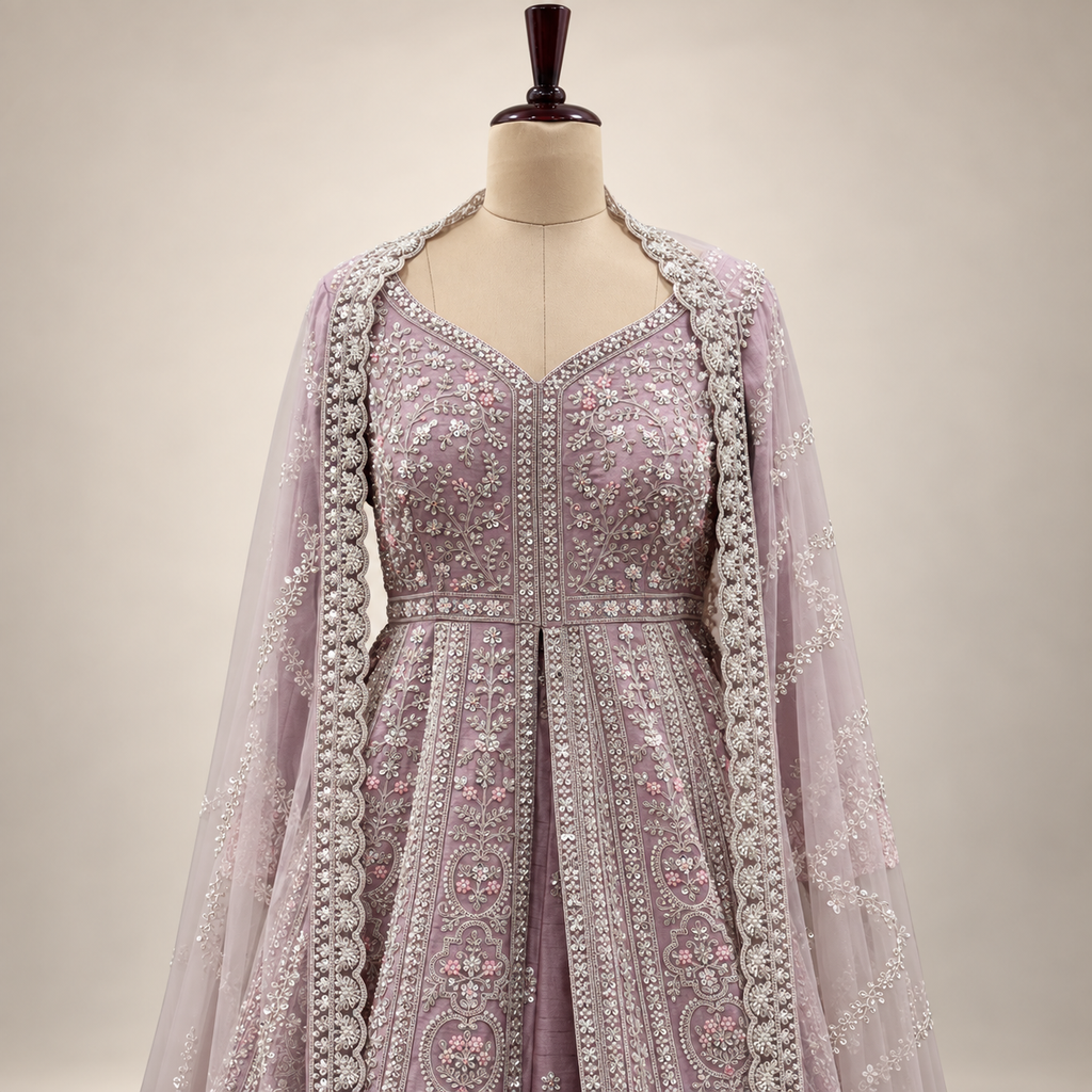 Onion Pink Embroidered Silk Front-Cut Gown with Dupatta