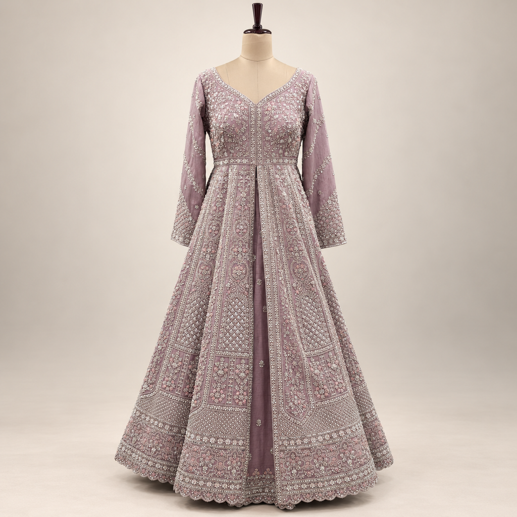 Onion Pink Embroidered Silk Front-Cut Gown with Dupatta