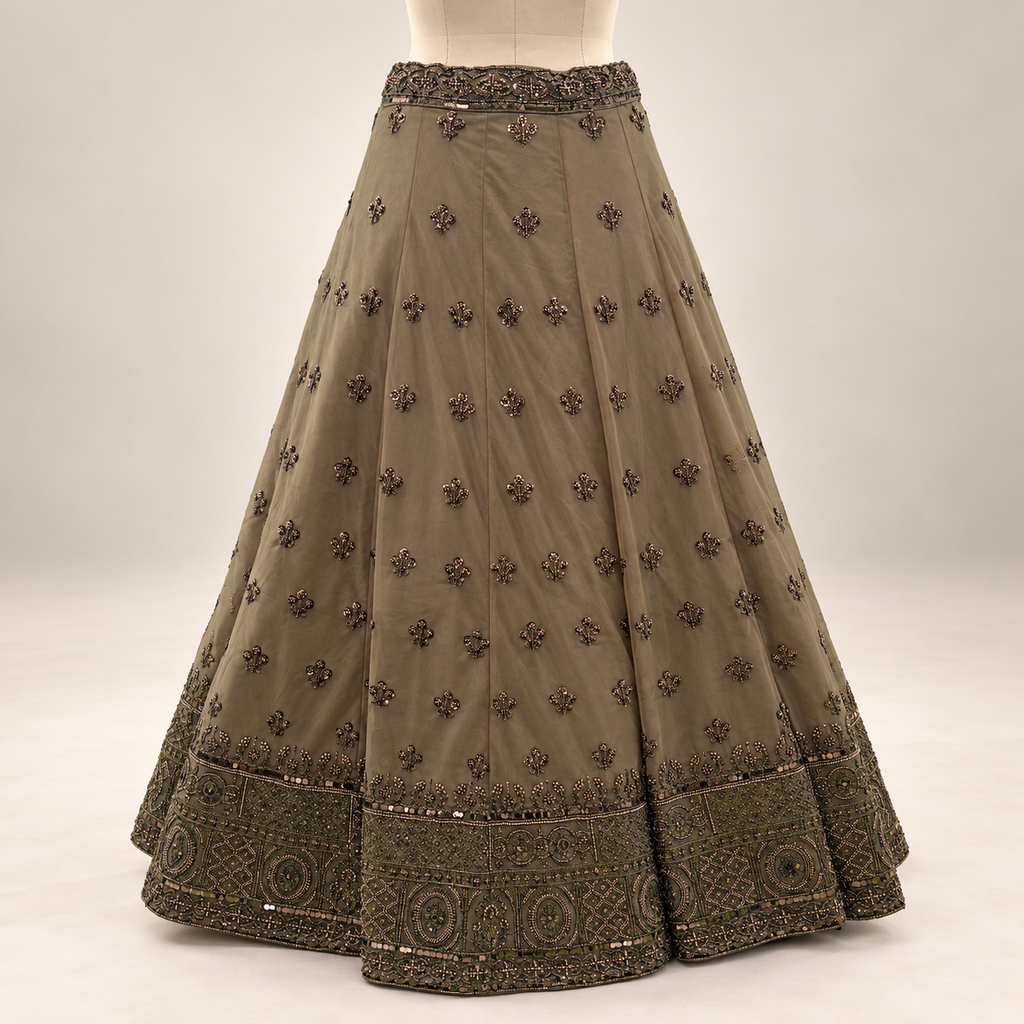 Antique Brown Hand-Embellished Net Front-Cut Gown with Dupatta