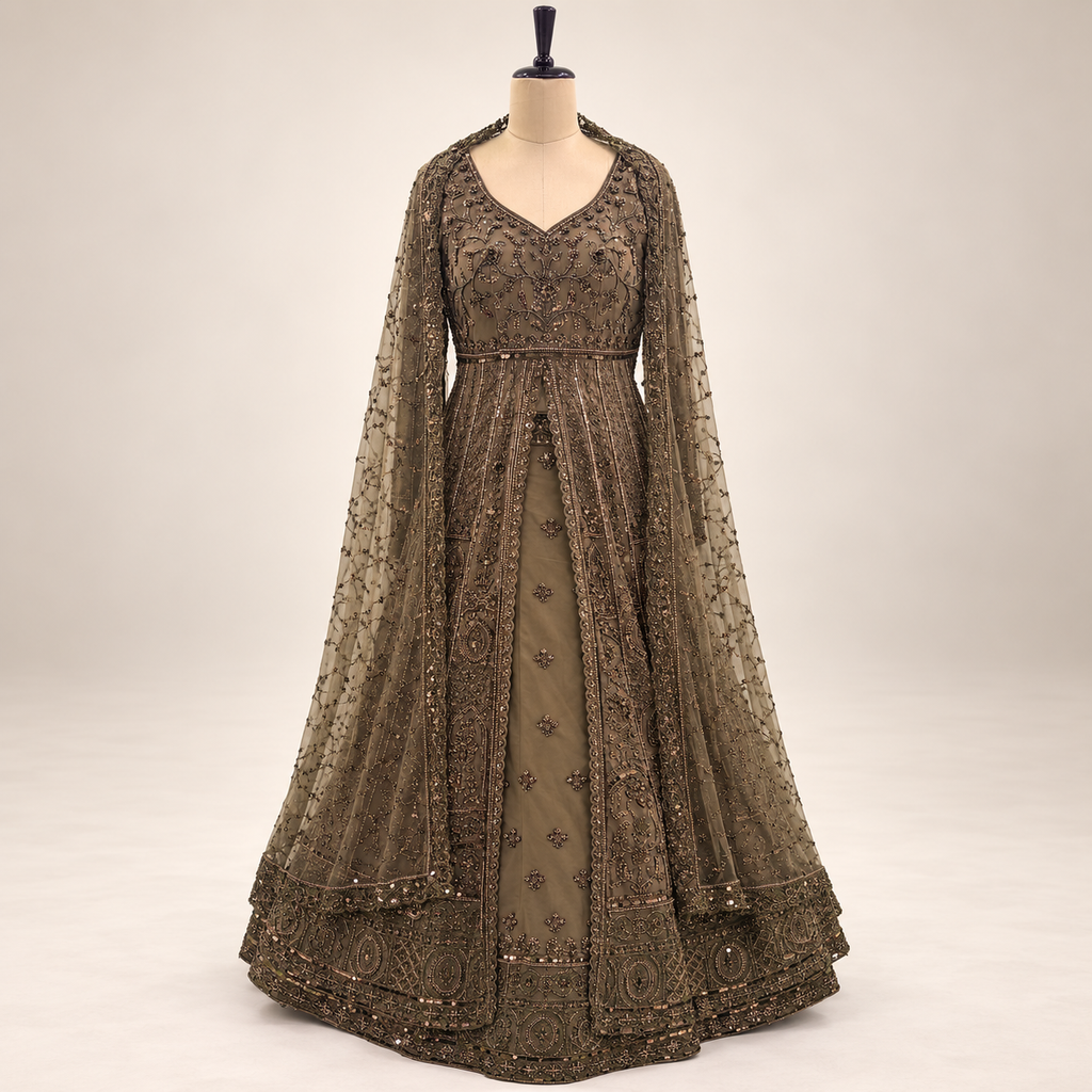 Antique Brown Hand-Embellished Net Front-Cut Gown with Dupatta