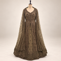 Antique Brown Hand-Embellished Net Front-Cut Gown with Dupatta