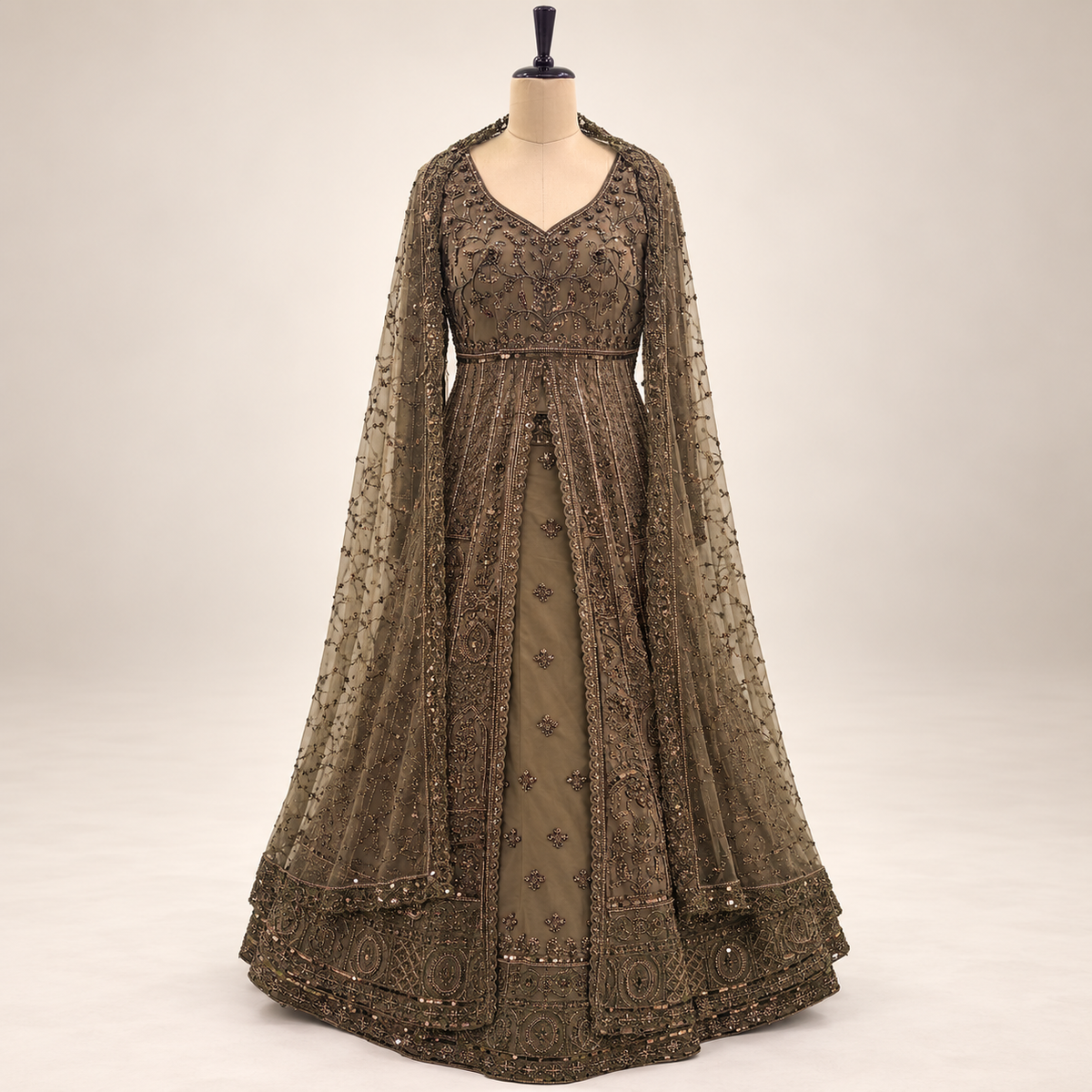 Antique Brown Hand-Embellished Net Front-Cut Gown with Dupatta