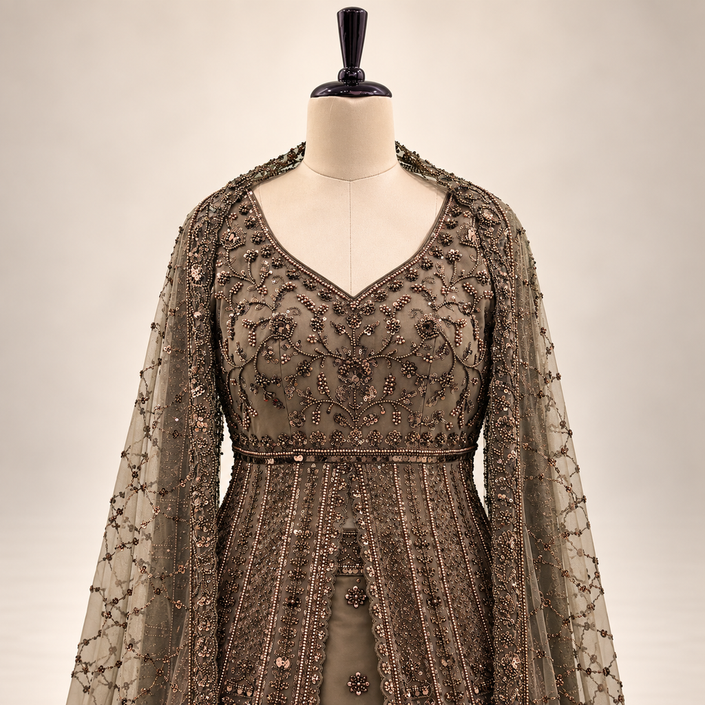 Antique Brown Hand-Embellished Net Front-Cut Gown with Dupatta