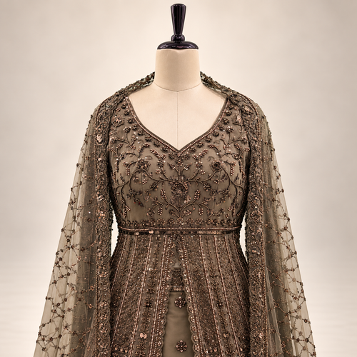 Antique Brown Hand-Embellished Net Front-Cut Gown with Dupatta