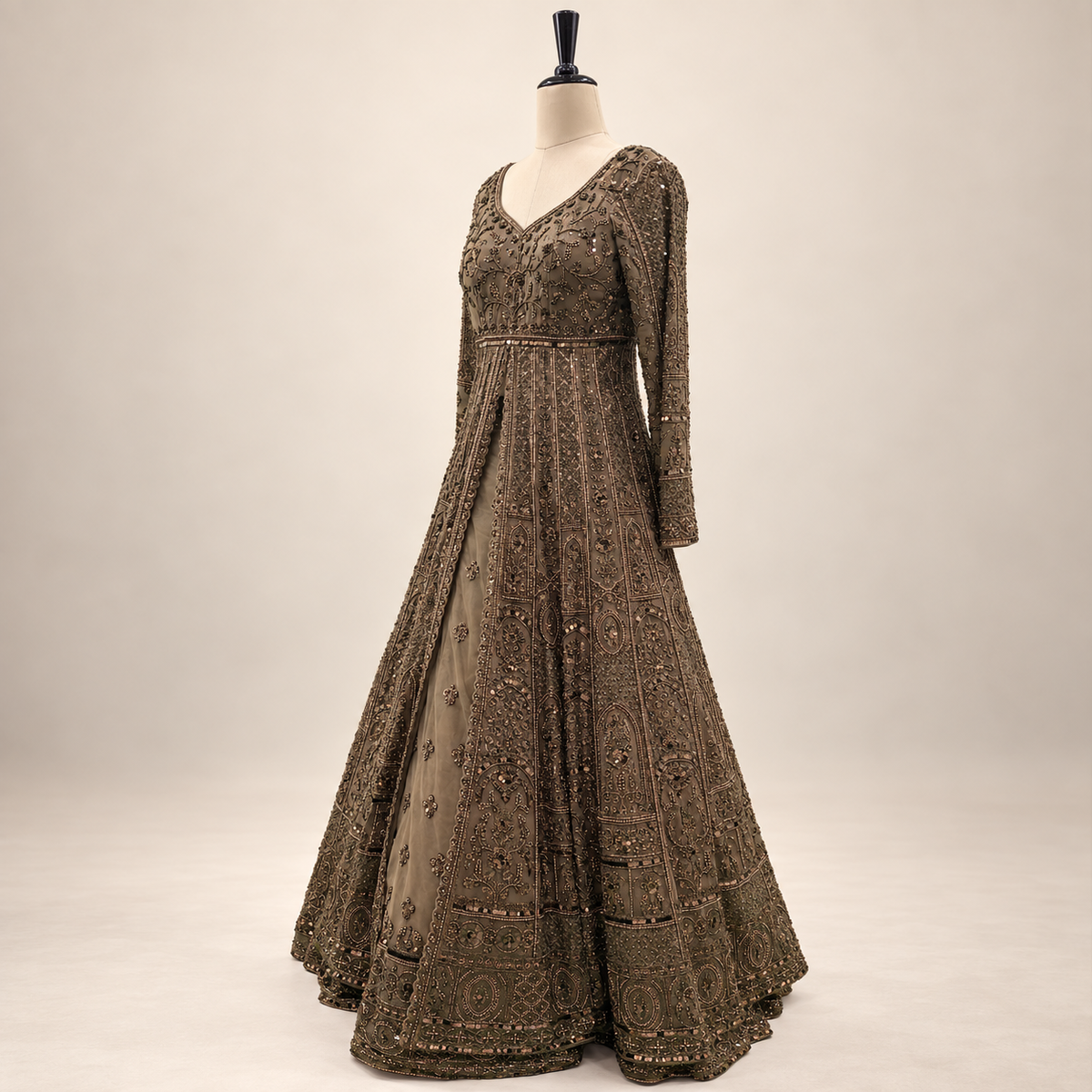 Antique Brown Hand-Embellished Net Front-Cut Gown with Dupatta