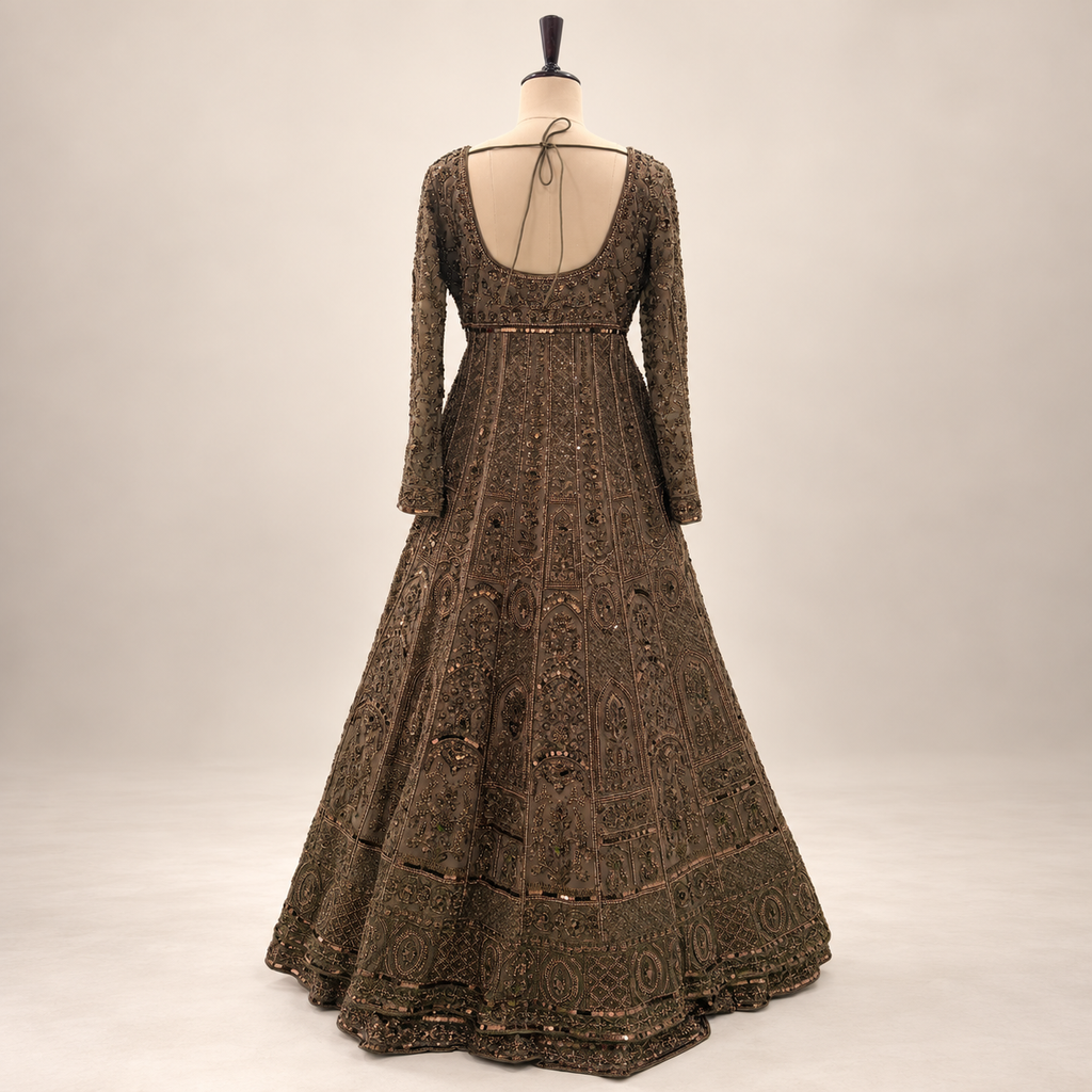 Antique Brown Hand-Embellished Net Front-Cut Gown with Dupatta