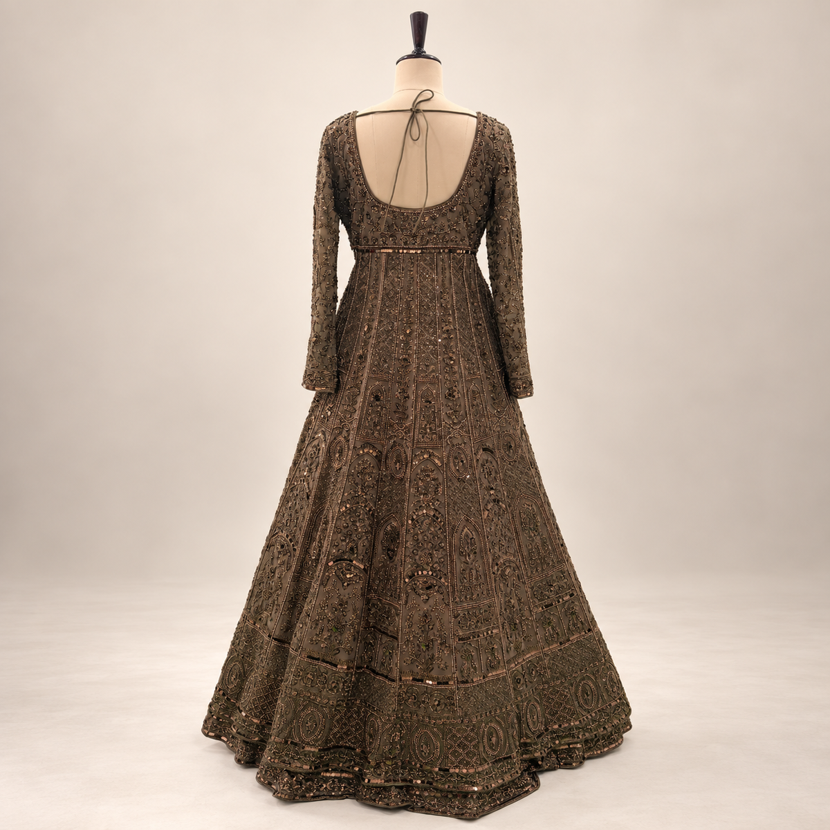 Antique Brown Hand-Embellished Net Front-Cut Gown with Dupatta