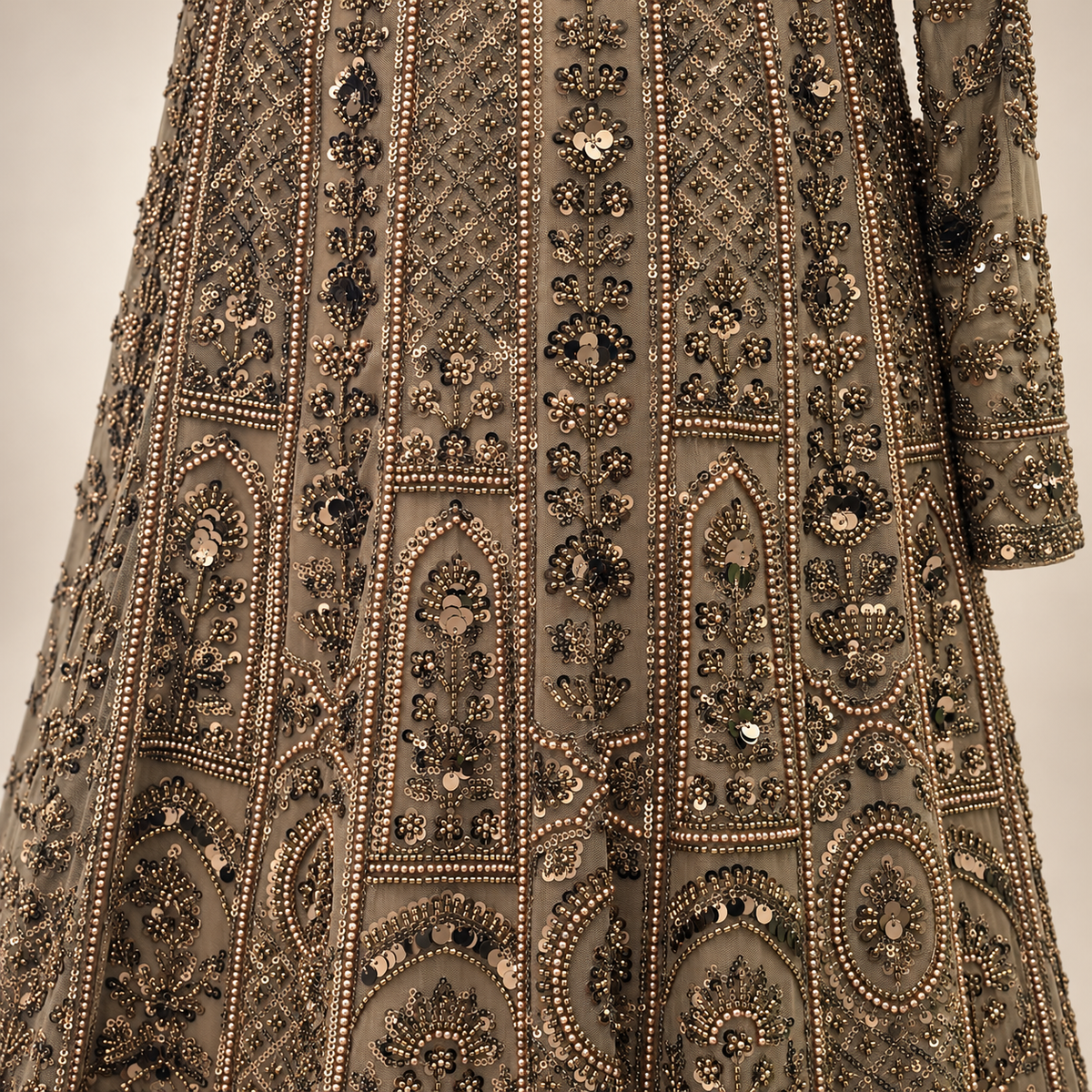 Antique Brown Hand-Embellished Net Front-Cut Gown with Dupatta