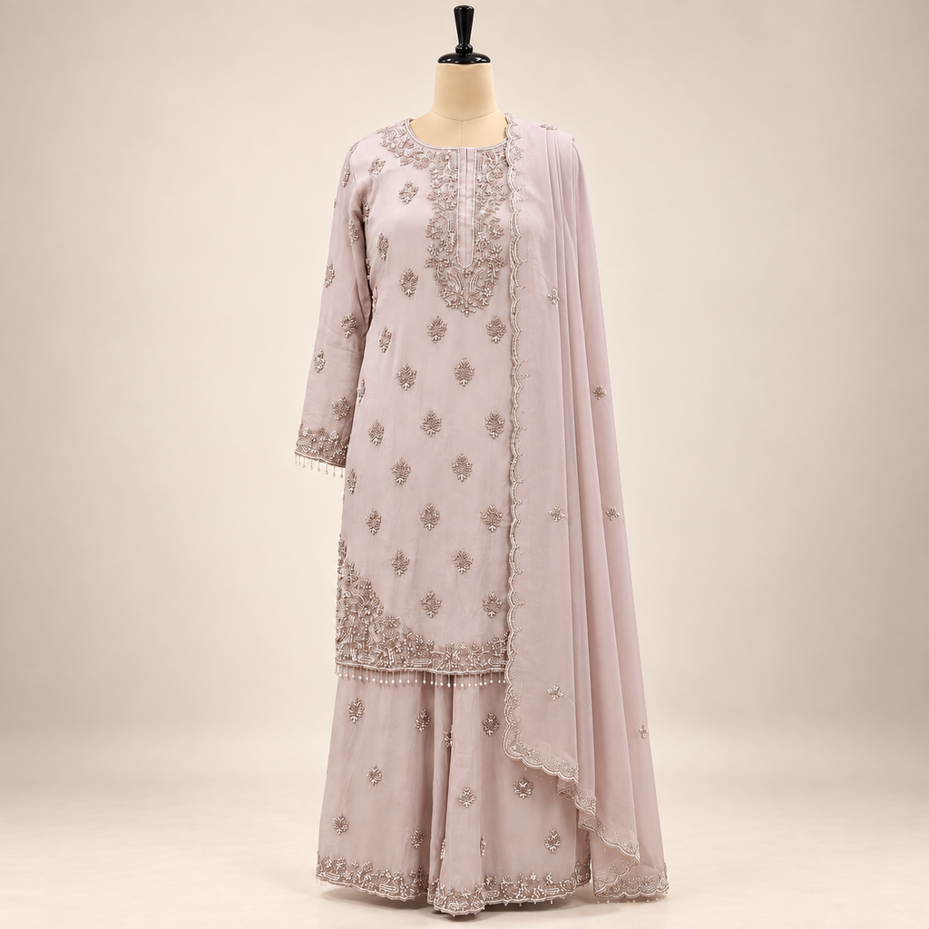 Peach Embroidered Crepe Salwar Set with Elegant Dupatta