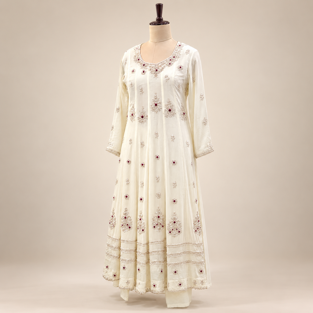 Cream Embellished chinon Salwar Suit with Dupatta