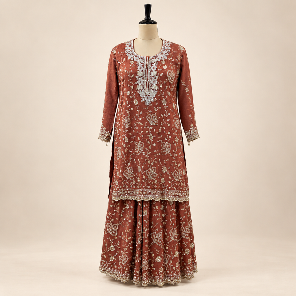 Rust Shimmer Floral Embellished  Salwar Suit with Dupatta