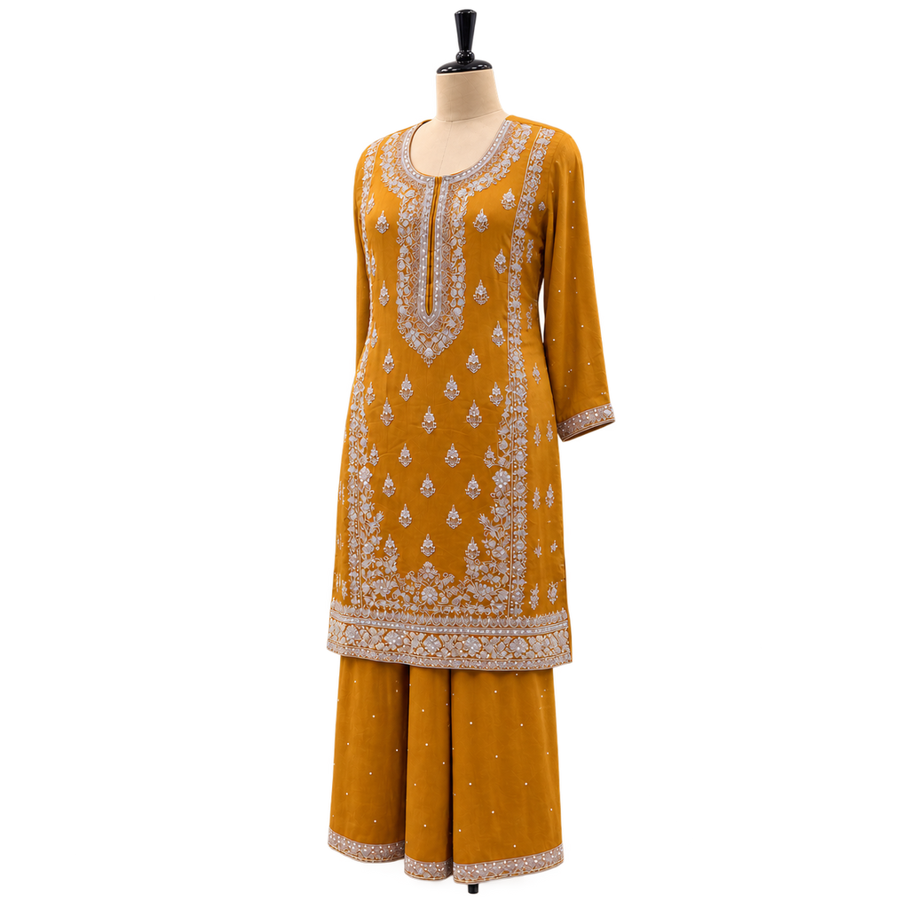Mustard Embellished Salwar Suit with Palazzo &amp; Dupatta