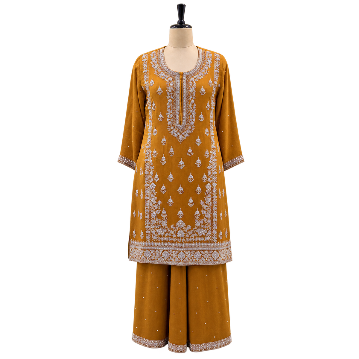 Mustard Embellished Salwar Suit with Palazzo &amp; Dupatta
