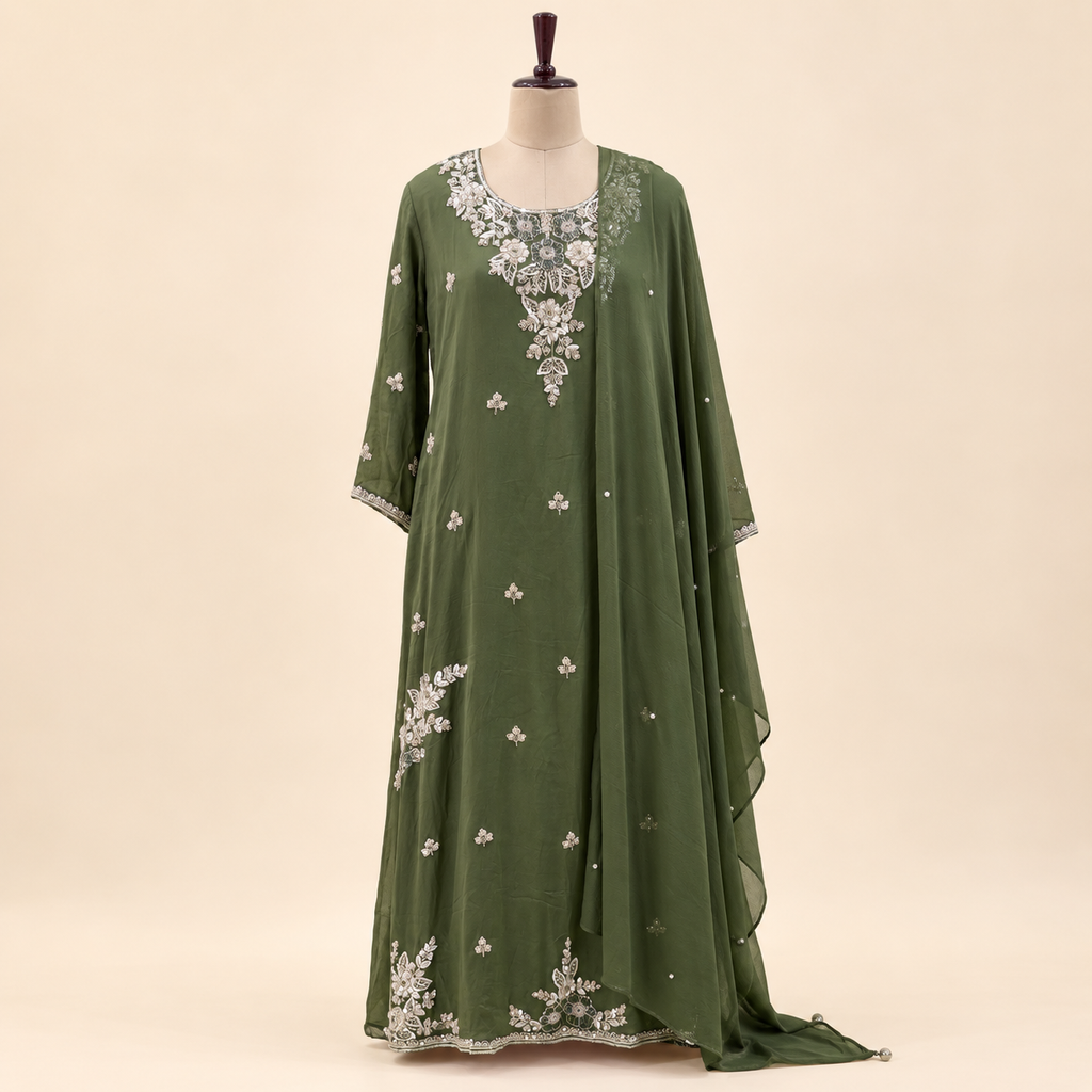 Olive Green Floral Embellished Georgette Salwar Suit with Dupatta