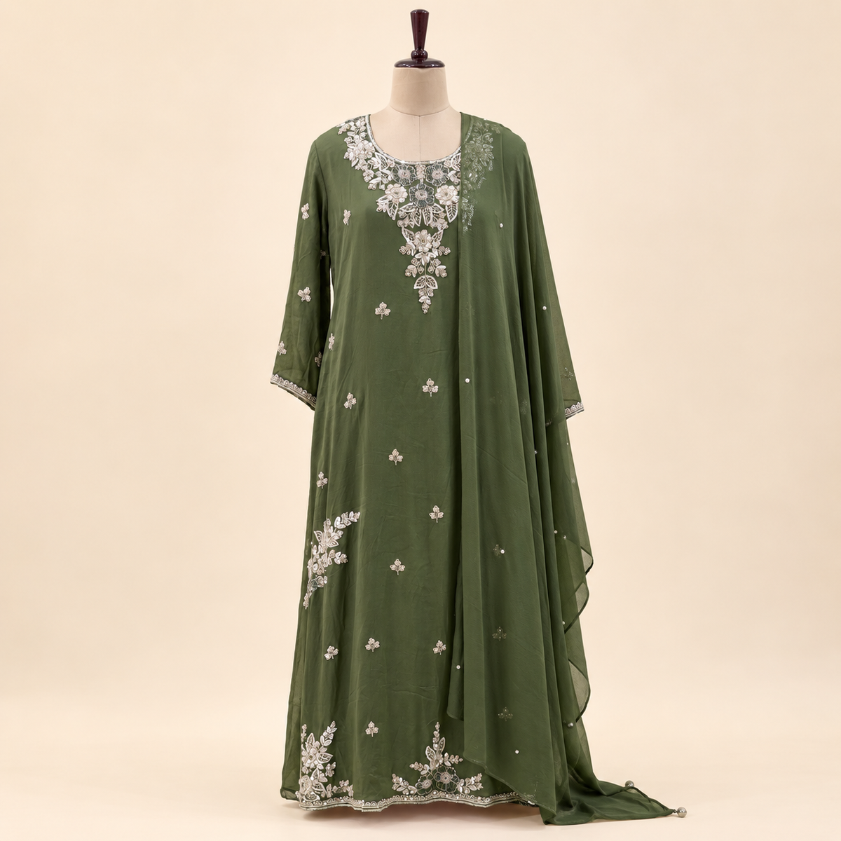 Olive Green Floral Embellished Georgette Salwar Suit with Dupatta