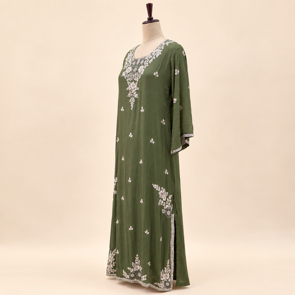 Olive Green Floral Embellished Georgette Salwar Suit with Dupatta