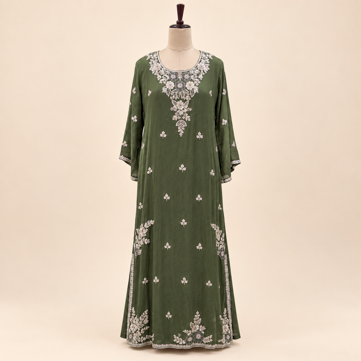 Olive Green Floral Embellished Georgette Salwar Suit with Dupatta
