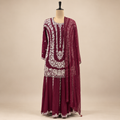 Maroon Floral Embellished Chinnon Salwar Suit with Dupatta