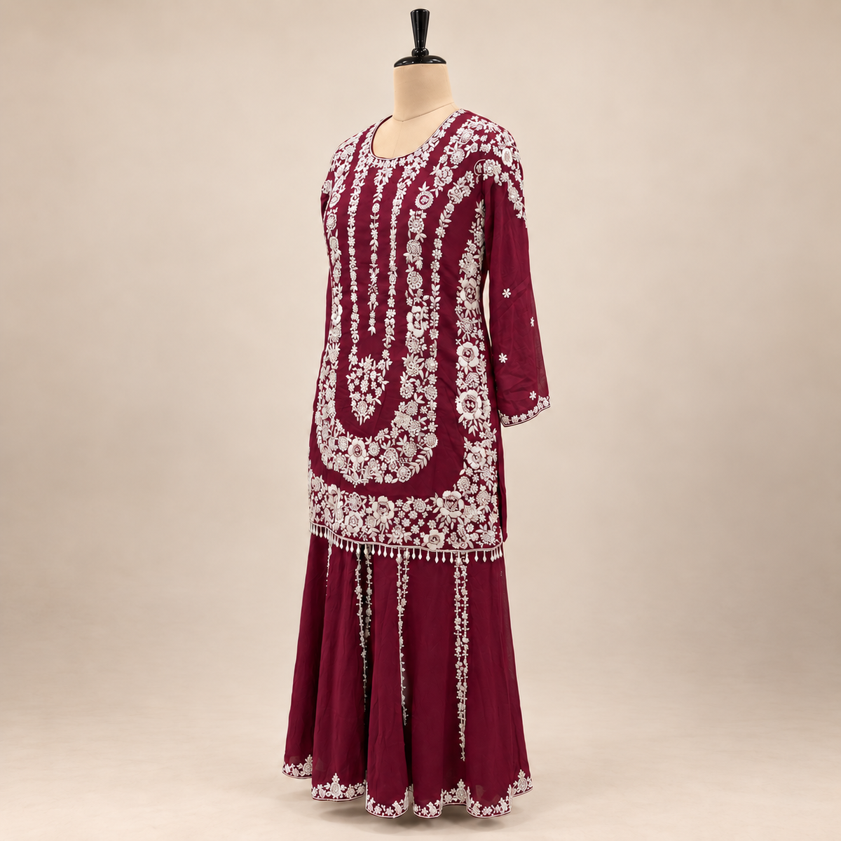 Maroon Floral Embellished Chinnon Salwar Suit with Dupatta