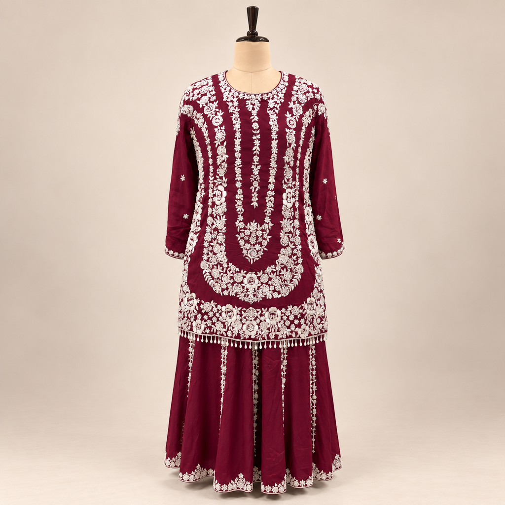 Maroon Floral Embellished Chinnon Salwar Suit with Dupatta
