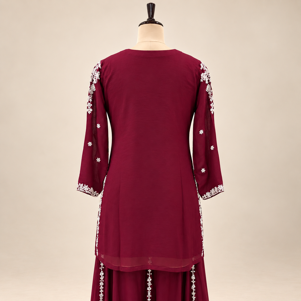 Maroon Floral Embellished Chinnon Salwar Suit with Dupatta