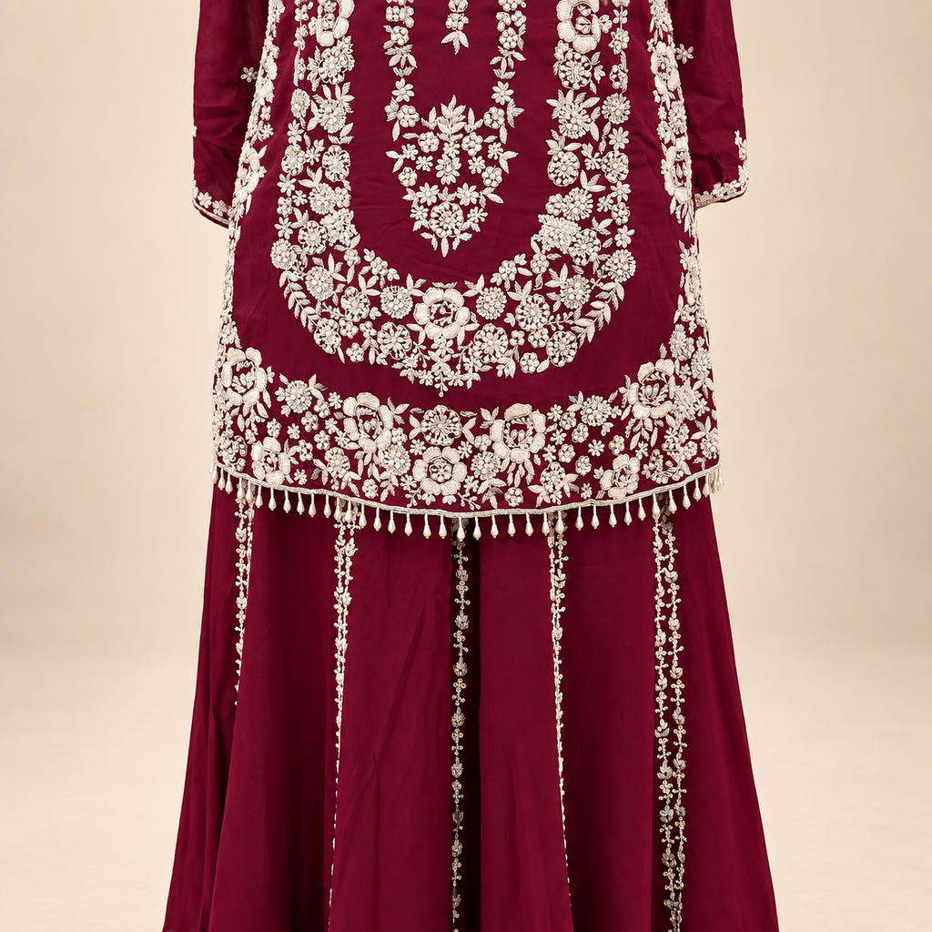 Maroon Floral Embellished Chinnon Salwar Suit with Dupatta