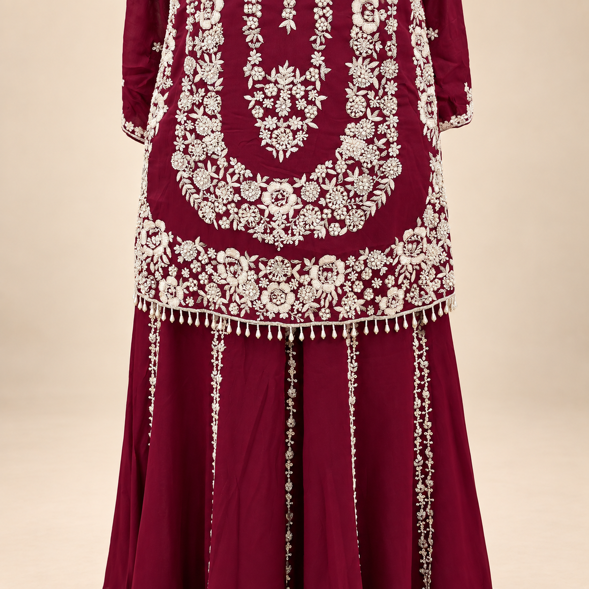 Maroon Floral Embellished Chinnon Salwar Suit with Dupatta