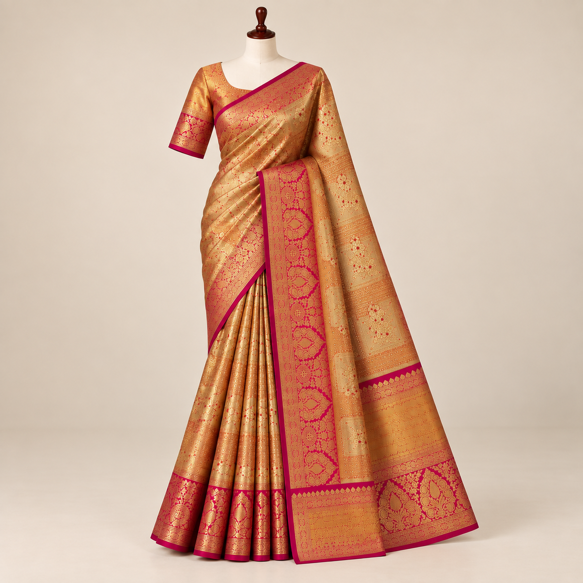 Golden Kanchipuram Silk Saree with Rani Pink Zari Border