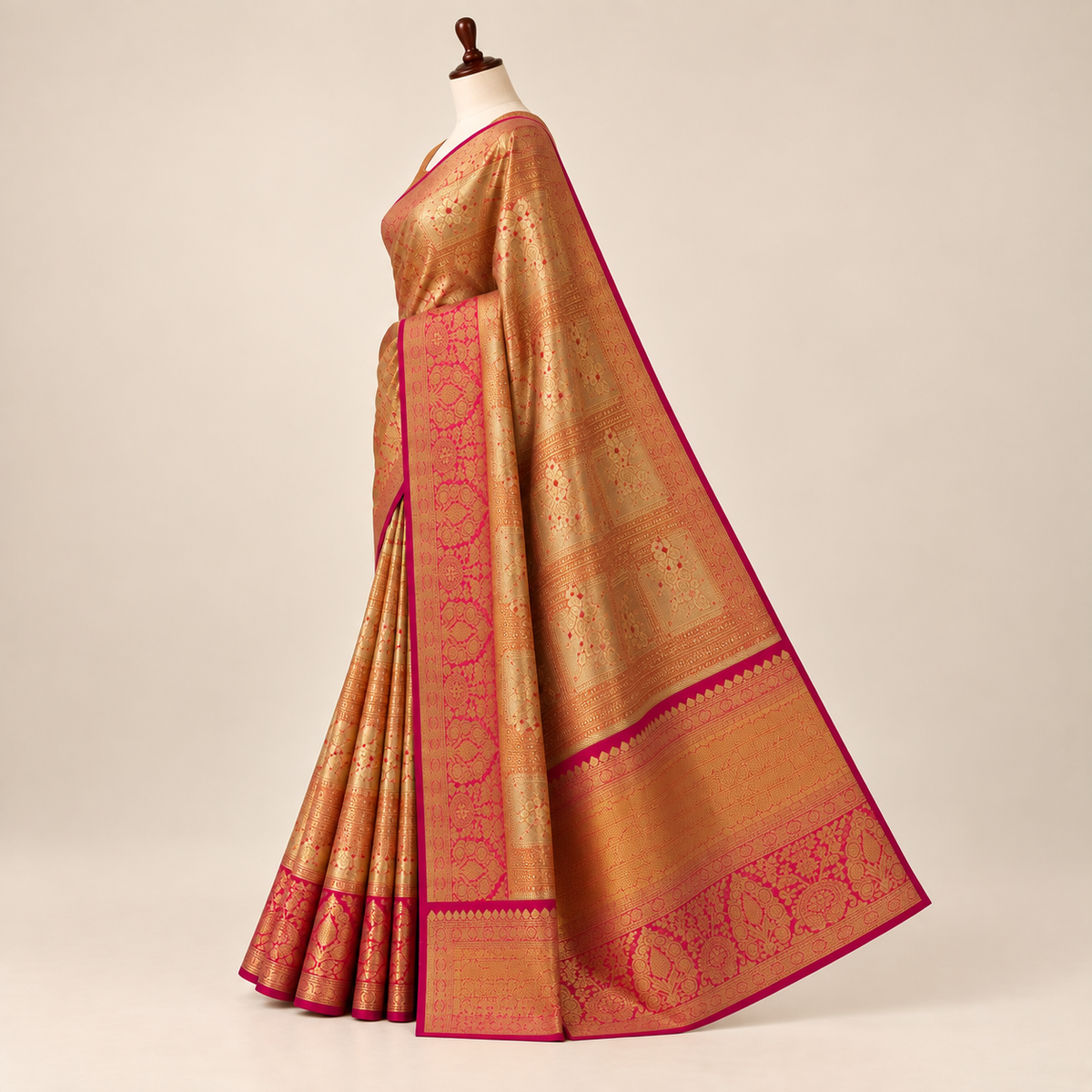 Golden Kanchipuram Silk Saree with Rani Pink Zari Border
