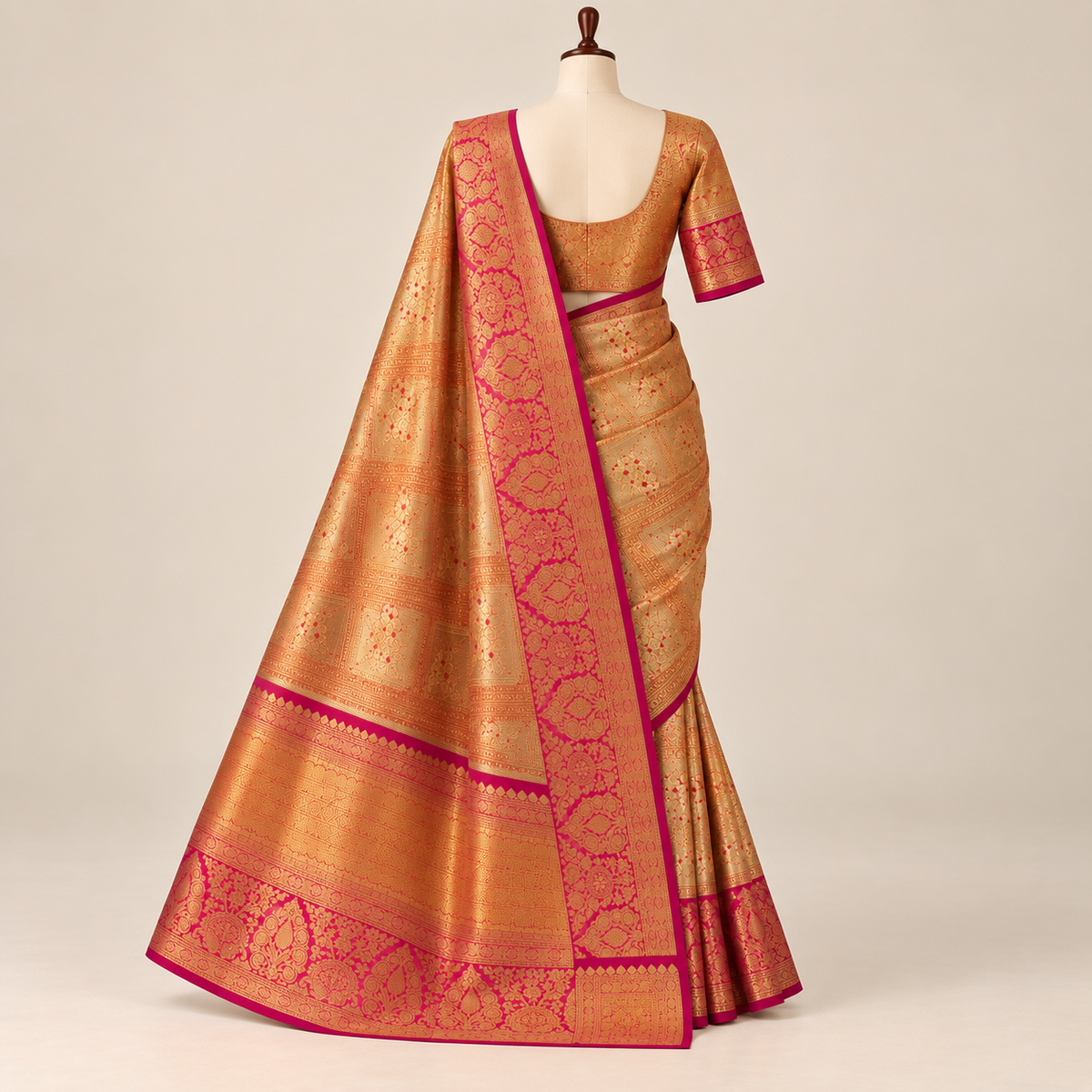 Golden Kanchipuram Silk Saree with Rani Pink Zari Border