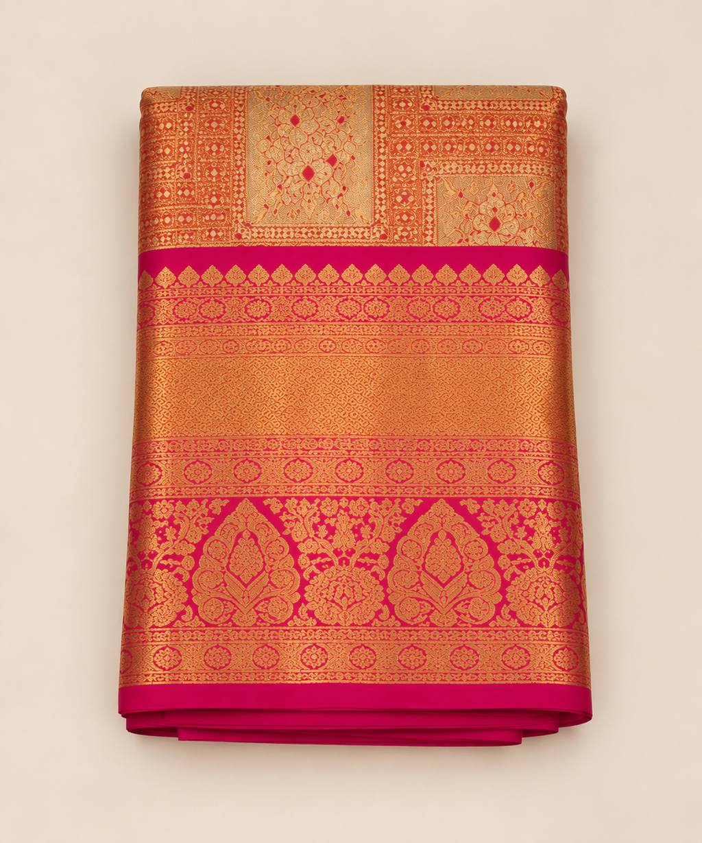 Golden Kanchipuram Silk Saree with Rani Pink Zari Border