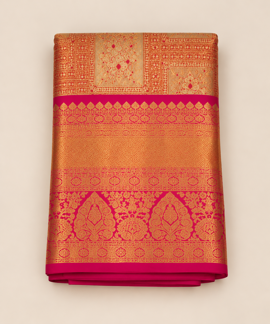 Golden Kanchipuram Silk Saree with Rani Pink Zari Border