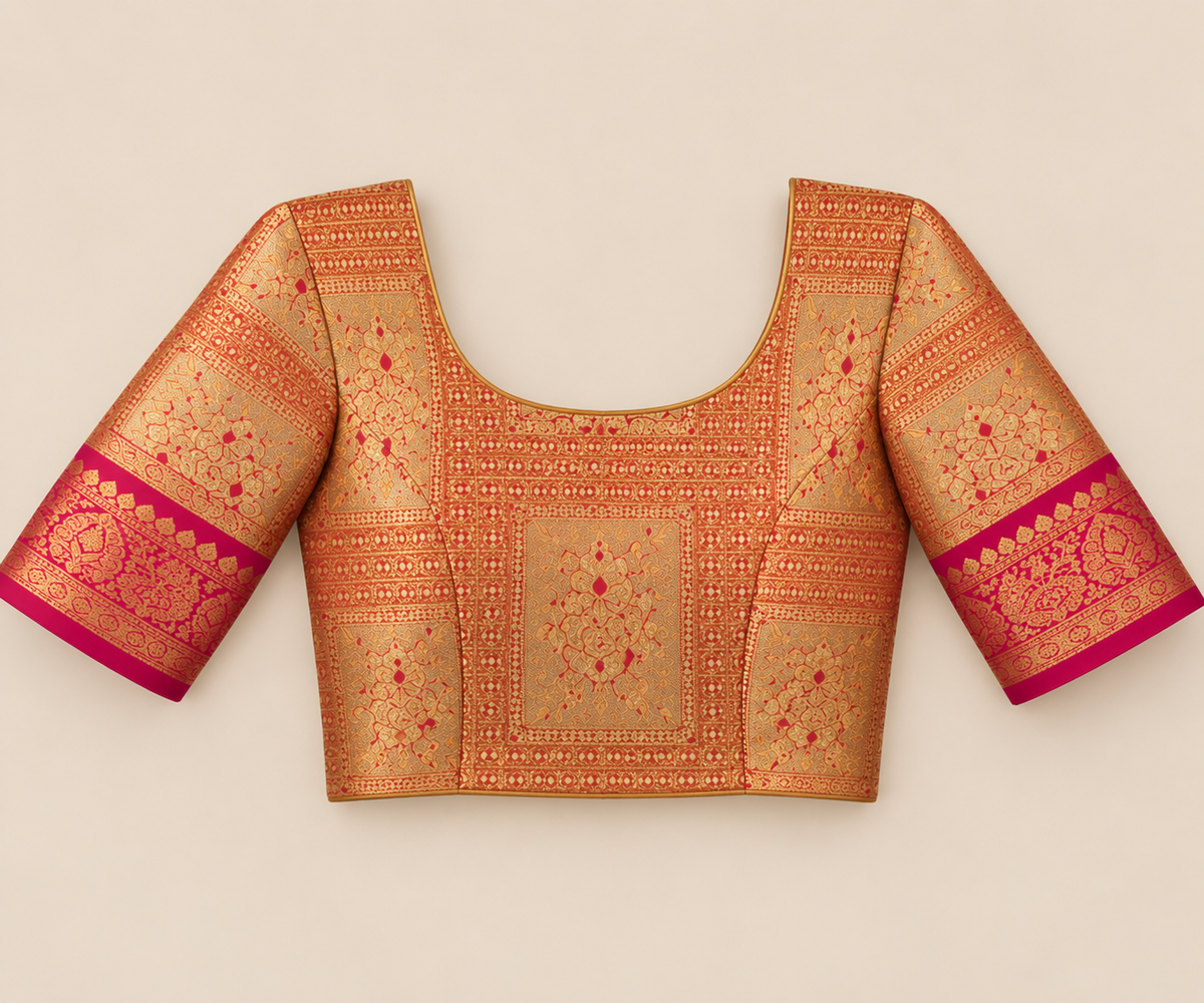 Golden Kanchipuram Silk Saree with Rani Pink Zari Border