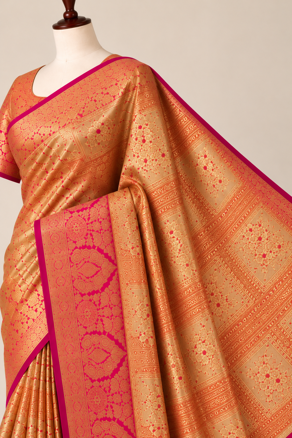 Golden Kanchipuram Silk Saree with Rani Pink Zari Border