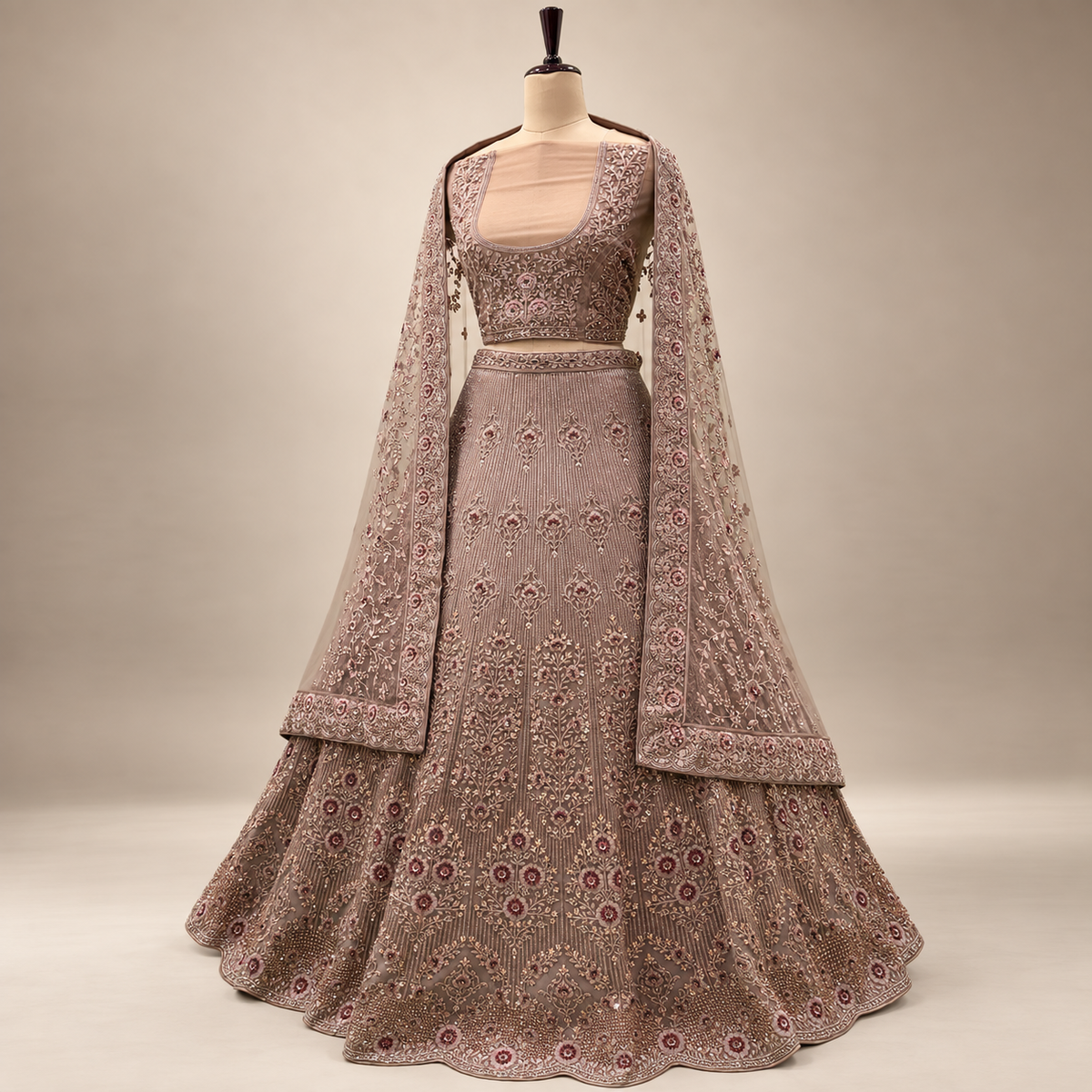 Dusty Mauve Intricately Embellished Bridal Lehenga Set with Dupatta