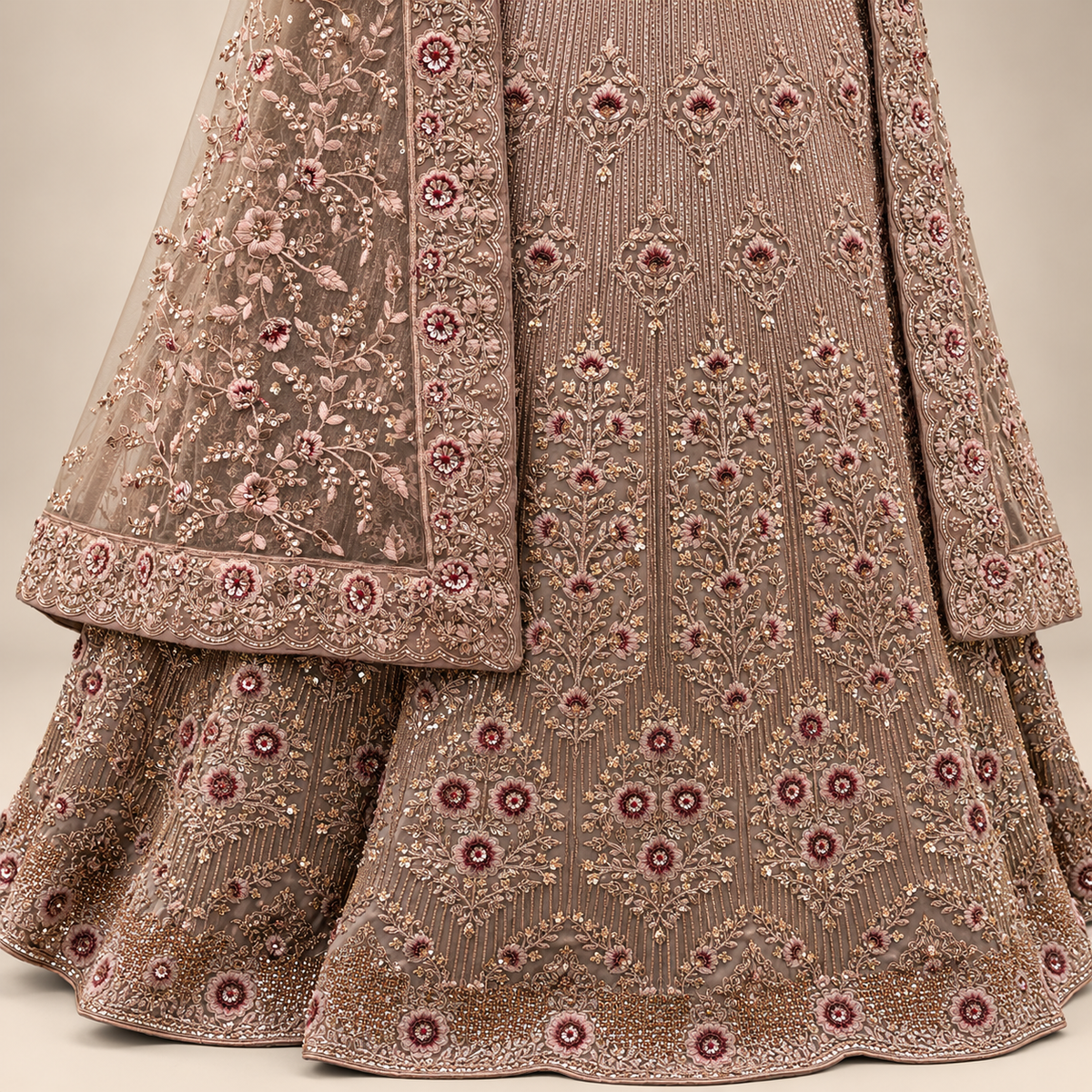 Dusty Mauve Intricately Embellished Bridal Lehenga Set with Dupatta