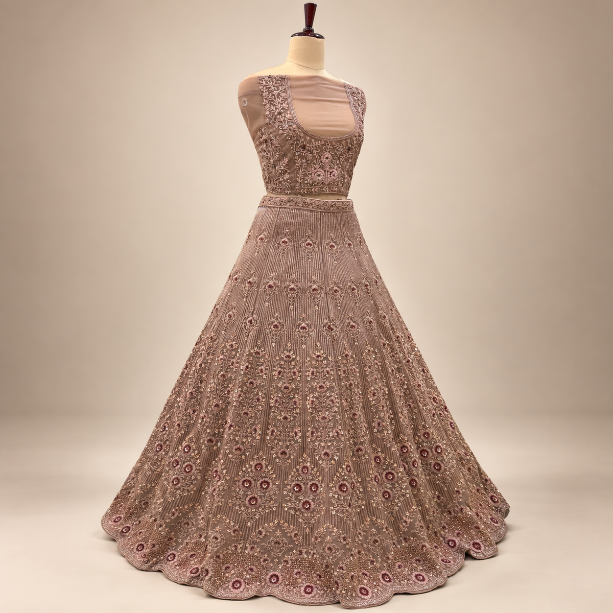 Dusty Mauve Intricately Embellished Bridal Lehenga Set with Dupatta