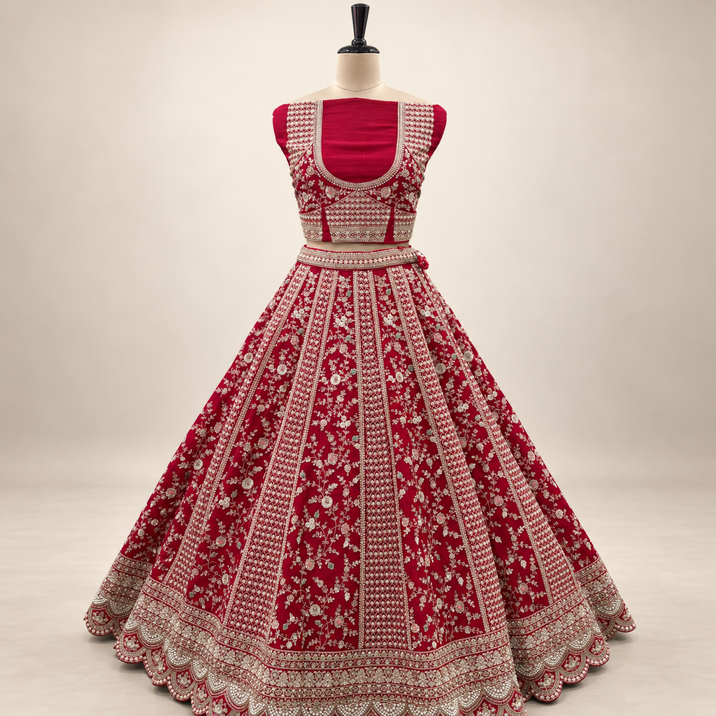 Bridal Red Intricately Embellished Lehenga Set with Dupatta