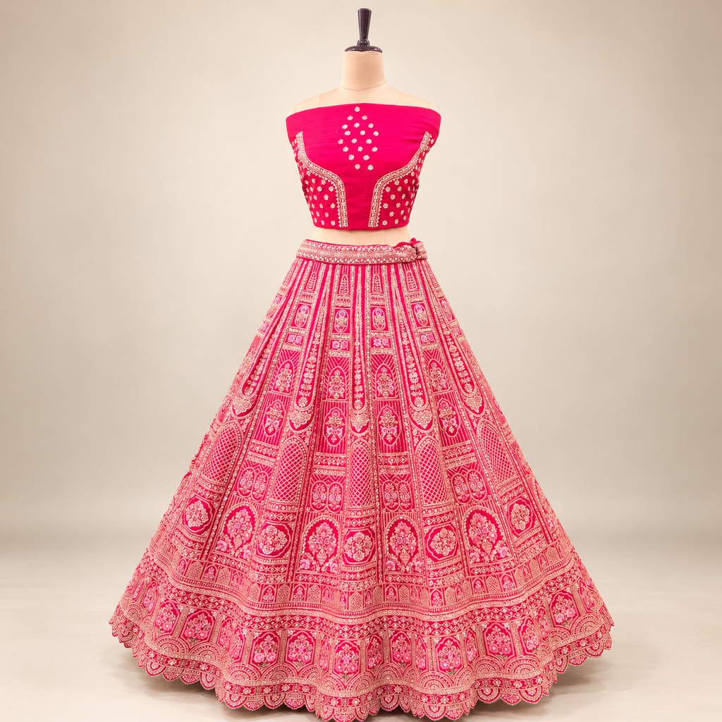 Rani Pink Heavily Embellished Designer Lehenga Set