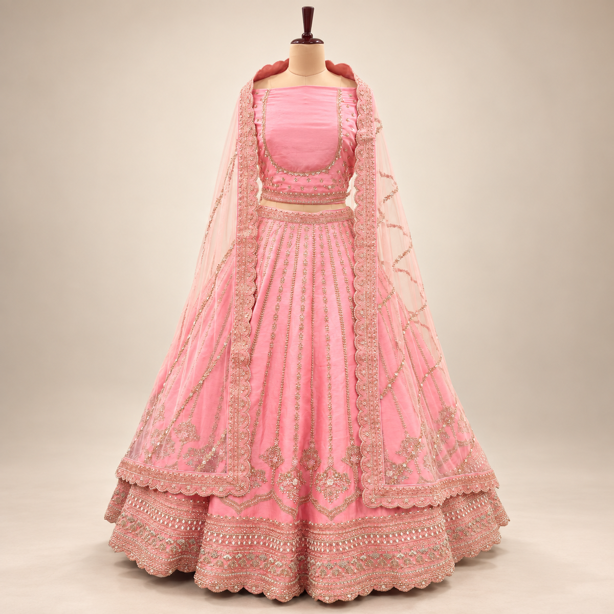 Rose Pink Embellished Lehenga Set with Scalloped Dupatta